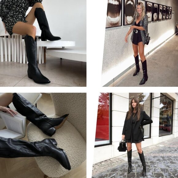 Women Black Polyurethane Embroidered Chunky Stacked Heel Knee High Western Boots - Picture 6 of 7